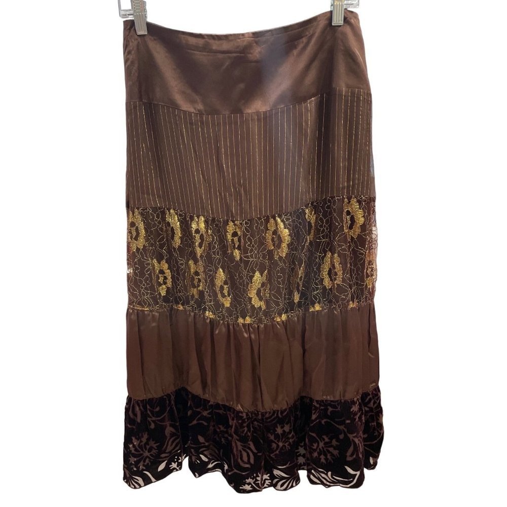 Spenser Jeremy Brown Silk Gold Metallic Thread Tiered Skirt Sz 4
